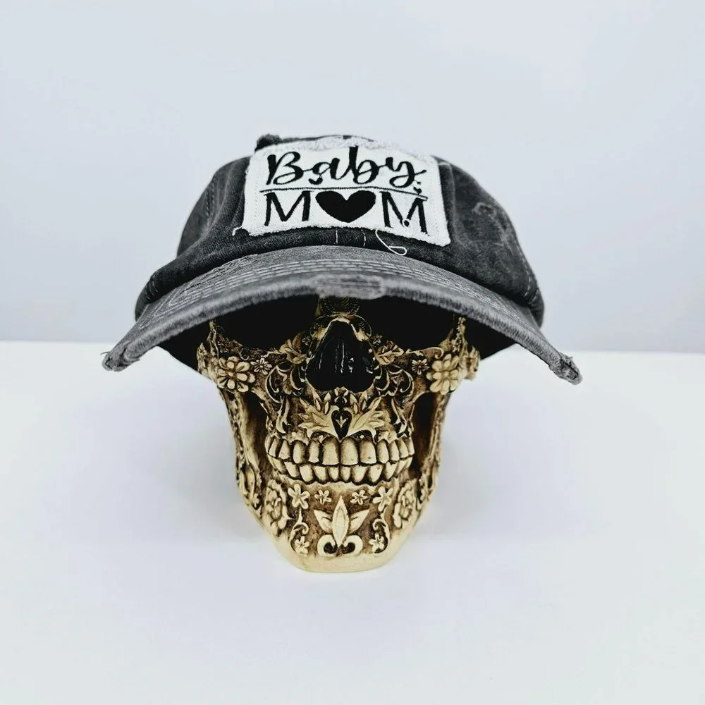 Baby Mom Baseball Hat Cap Grey White Embroidered Patch Distressed Adjustable New